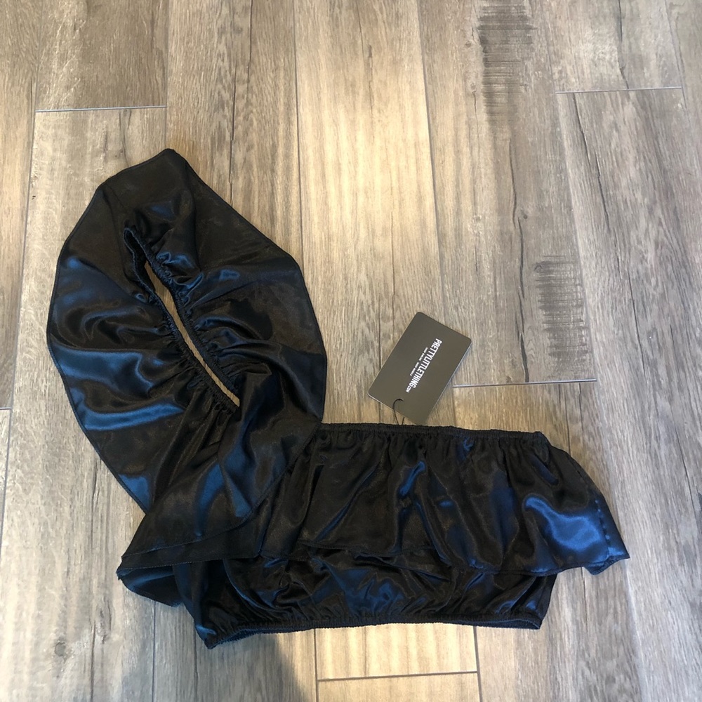 PrettyLittleThing Black Silk One Shoulder Crop Top